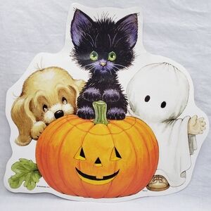 Vintage Diecut Halloween Cat and Dog Pumpkin Wall Art 11 X 12 Inches Fall Autumn
